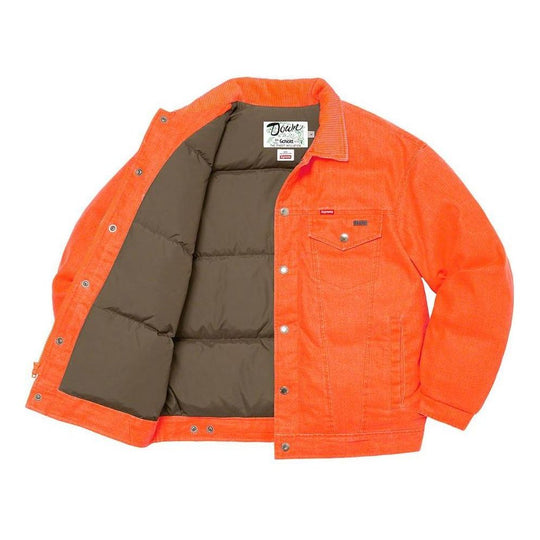 Supreme x Schott Canvas Down Trucker Jacket 'Orange Olive Green ...