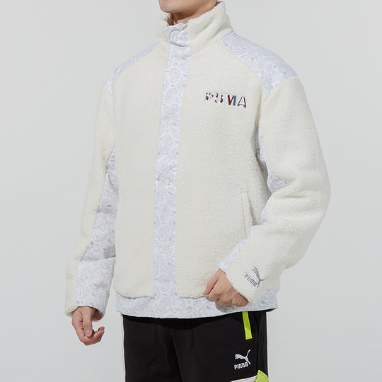 PUMA Paisley Woven Patched Sherpa Jacket cashew Splicing lamb's wool Stay Warm logo White 534976-93