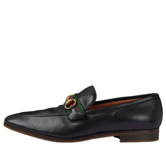 Gucci Leather Grosgrain Trim Dress Loafers 'Black Red' 759473-AACOT-1084