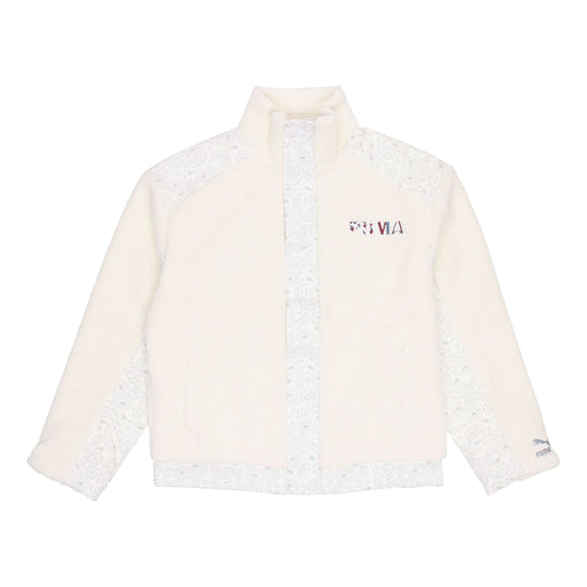 PUMA Paisley Woven Patched Sherpa Jacket cashew Splicing lamb's wool Stay Warm logo White 534976-93