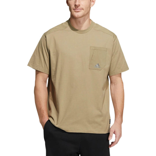 Men's adidas Solid Color Zipper Pocket Loose Casual Round Neck Short Sleeve Green T-Shirt HD0043