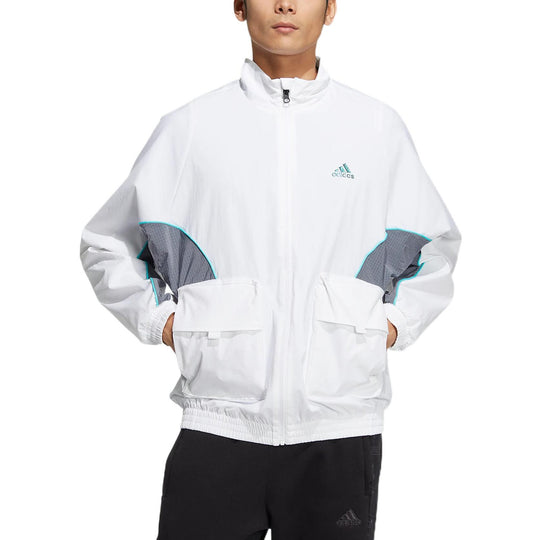 Men's adidas Logo Printing Pattern Splicing Stand Collar Zipper Jacket White HM5146