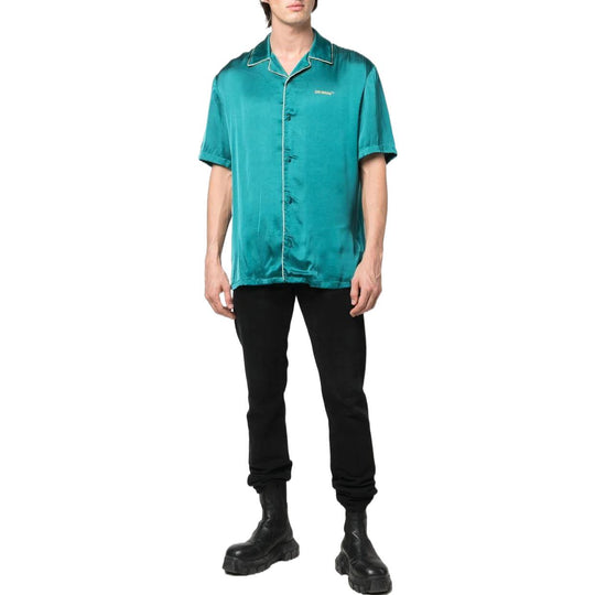 Men's Off-White FW22 Solid Color Minimalistic Satin Short Sleeve Blue Shirt OMGA163T22FAB0015876