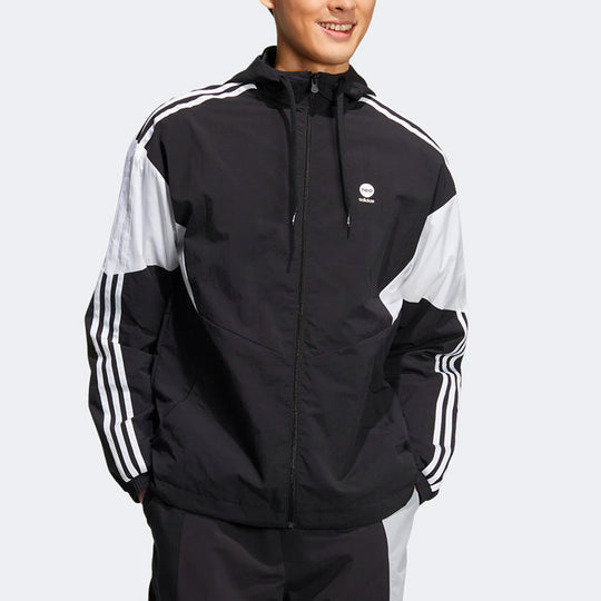 Men's adidas Logo Printing Colorblock Stripe Zipper Hooded Long Sleeves Sports Jacket Autumn Black HM1996