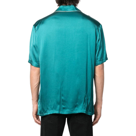 Men's Off-White FW22 Solid Color Minimalistic Satin Short Sleeve Blue Shirt OMGA163T22FAB0015876