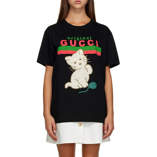 (WMNS) Gucci Cat Alphabet Cartoon Round Neck Pullover Short Sleeve Bla ...