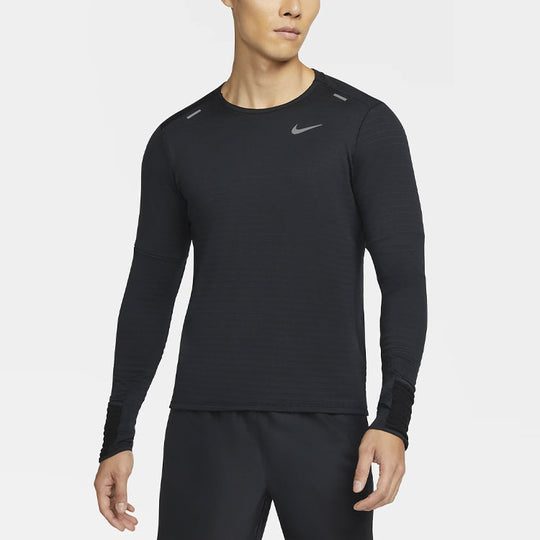 Men's Nike Solid Color Training Sports Round Neck Long Sleeves Black T ...