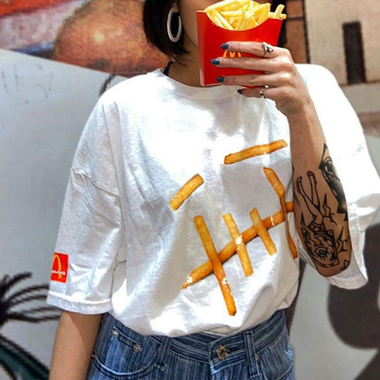 Men's Travis Scott Cactus Jack x Mcdonald Crossover fries Pattern Casual  Short Sleeve White CJMD-SS18