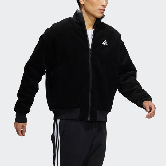 adidas M Corduroy Jkt Solid Color Logo Stand Collar Sports Jacket Black  HD0360