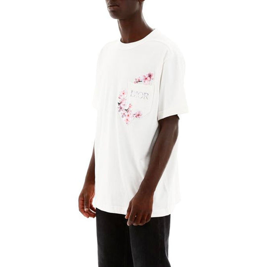 Men's DIOR x Sorayabai Crossover Sakura Logo Printing Pocket Short Sleeve  White 933J611A0554-080