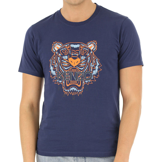 Men's KENZO Tiger Logo Printing Tiger Head Short Sleeve Blue 