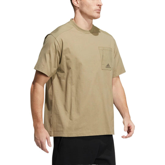 Men's adidas Solid Color Zipper Pocket Loose Casual Round Neck Short Sleeve Green T-Shirt HD0043