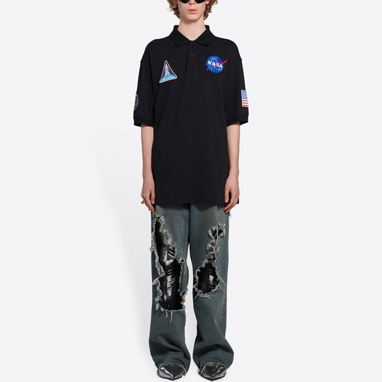 Men's Balenciaga x NASA Crossover FW21 Space Printing Cotton Solid Color  Polo Shirt Black 662493TKVG11070