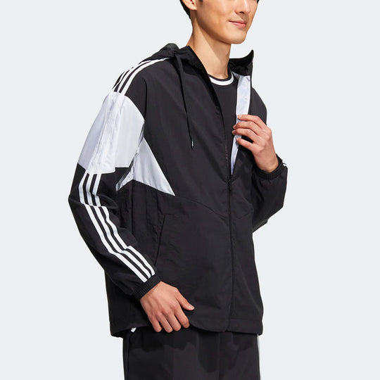 Men's adidas Logo Printing Colorblock Stripe Zipper Hooded Long Sleeves Sports Jacket Autumn Black HM1996