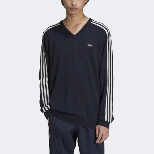 Men's adidas originals x NOAH Crossover V-neck Embroidered Logo Side Stripe  V Neck Wool Sweater Legendary Ink Blue HC4303