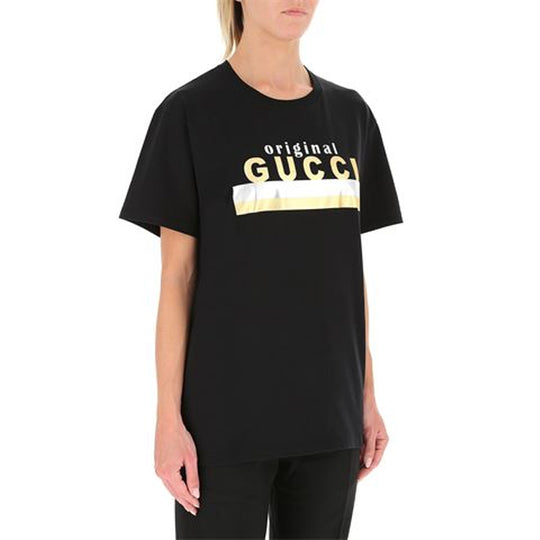 (WMNS) GUCCI Gold And Silver Striped Letter Logo Short Sleeve For Blac ...