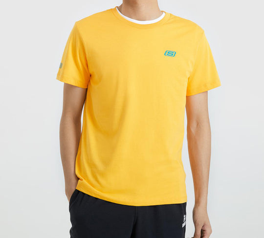 Men's Skechers Alphabet Printing Knit Short Sleeve Yellow L220M029-001N T-shirts  -  KICKSCREW