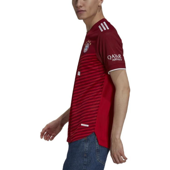 Men's adidas Bayern Munich 21/22 Home Stripe Printing Alphabet Pattern V Neck Short Sleeve Soccer/Football Jersey Red GM5308