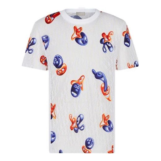 Men's DIOR x KENNY SCHARF Crossover FW21 Logo Printing Loose Round Neck  Short Sleeve White 193J653A0702-C084