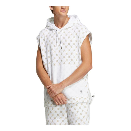 Men's adidas neo Logo Full Print Zipper Kangaroo Pocket Hooded Sleeveless Jacket White IB5859