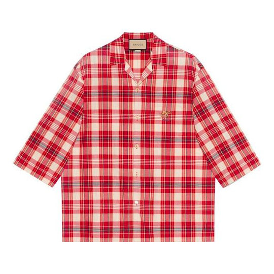 Gucci FW21 animal Embroidered Plaid Short Sleeve Shirt Red 653446 