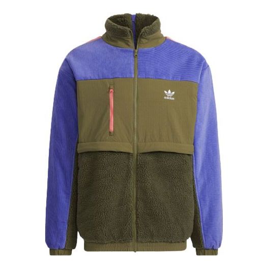 Men's adidas originals High Collar Colorblock Splicing Zipper logo Sports Jacket Dark Olive Green HE6614