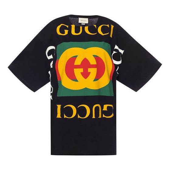 WMNS) Gucci Large Retro Logo Short Sleeve Black T-Shirt 539080 
