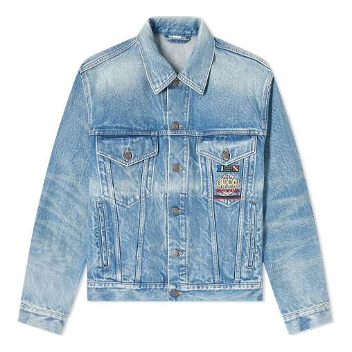 Crystal Interlocking G denim jacket in blue | GUCCI® GR