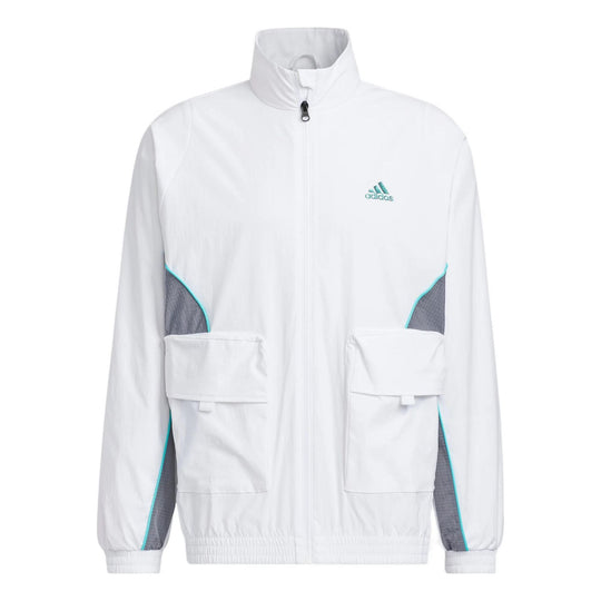 Men's adidas Logo Printing Pattern Splicing Stand Collar Zipper Jacket White HM5146