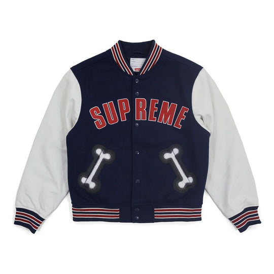 Supreme FW18 Bone Varsity Jacket Navy Sleeve Unisex Navy Blue SUP