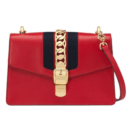 (WMNS) Gucci Sylvie SeriesGold Chain Single Shoulder Bag Small Red  524405-CVLEG-8604