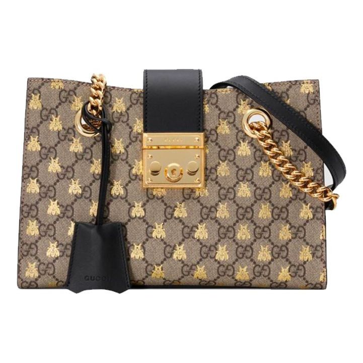 (WMNS) Gucci Padlock Metallic Bee Printing Logo Canvas Chain handbag S ...