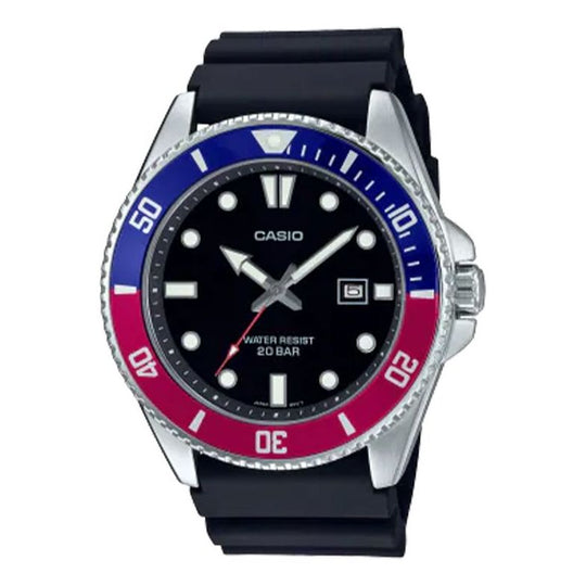 Men's CASIO Quartz Watch 200m Waterproof Resin Strap Blue Red Watch Mens MDV-107-1A3JF