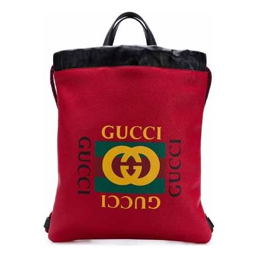 GUCCI Print Retro Logo Printing Leather Drawstring Schoolbag Backpack ...