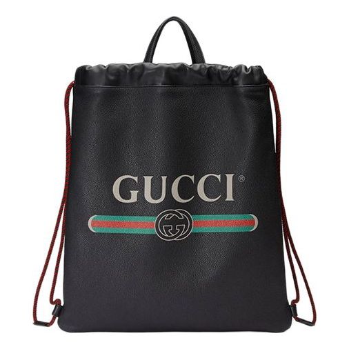 Gucci Print Retro Logo Printing Leather Drawstring Schoolbag Backpack ...