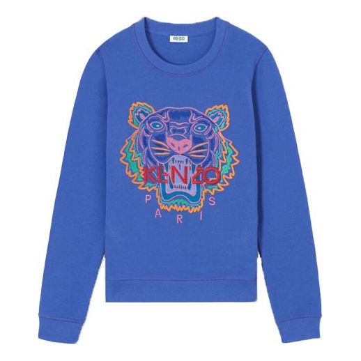 WMNS) KENZO Embroidered Tiger Head Round Neck Blue Hoodie 