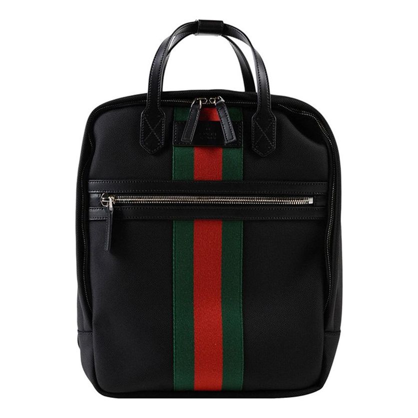 GUCCI Nylon Leather Backpack Red And Green Stripes Men's Black