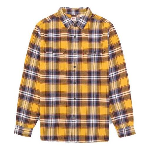 Men's Levis Series lapel Plaid Long Sleeves Shirt Yellow 19573-0124 ...